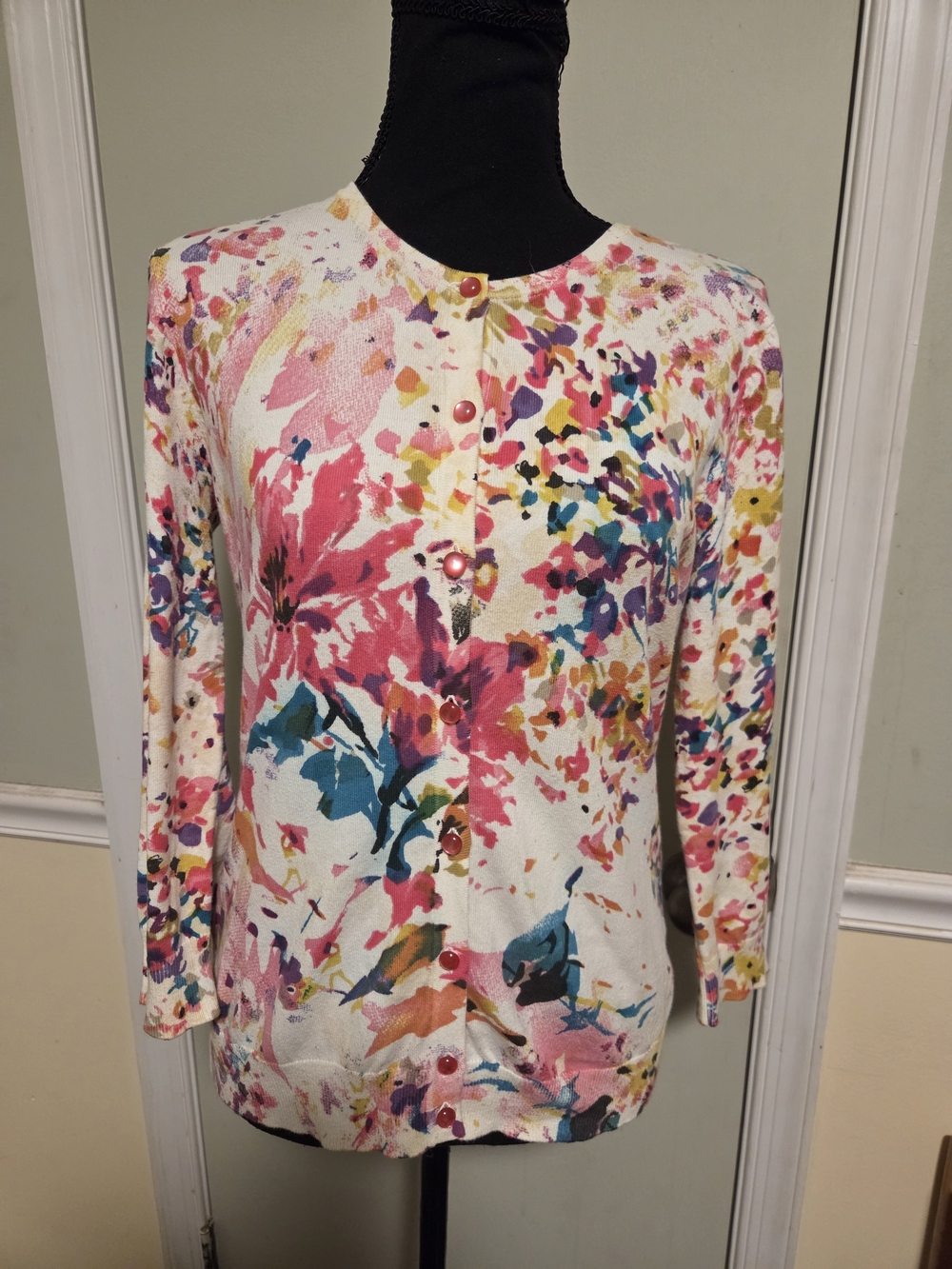 Cable & Gauge Multicolor Floral Watercolor Cardigan - Pink, Blue, Yellow